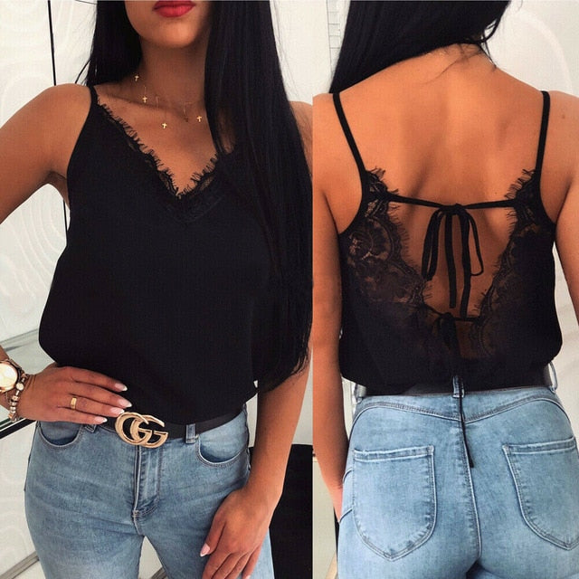 Summer Women Satin Silk Lace Tank Tops Vest Blouse Female Casual Crop Camisole Top Sexy Lace Solid Backless Vest