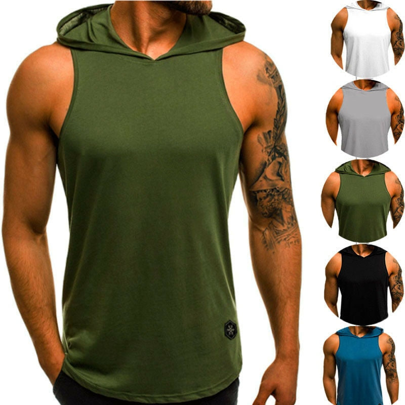 Men Fitness Hoodies Tank Tops Sleeveless Tee Shirt Male Workout Hooded Vest Solid Undershirt Sportswear - foodandtravelers