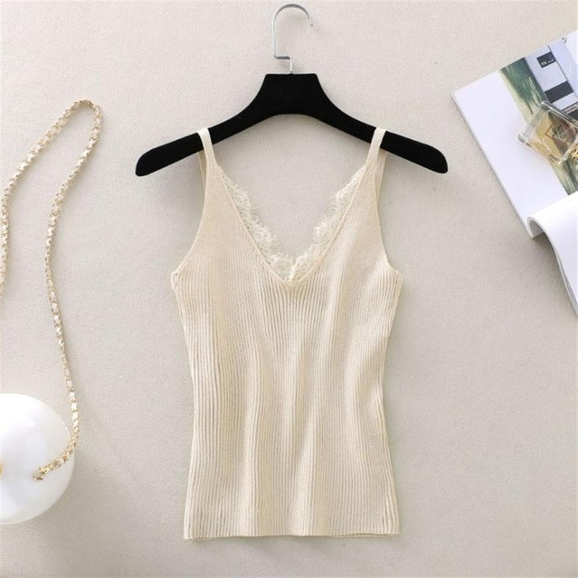 New Strap Top Women Halter V Neck Basic White Cami Sleeveless Lace Tank Tops Women'S Summer Camisole - foodandtravelers