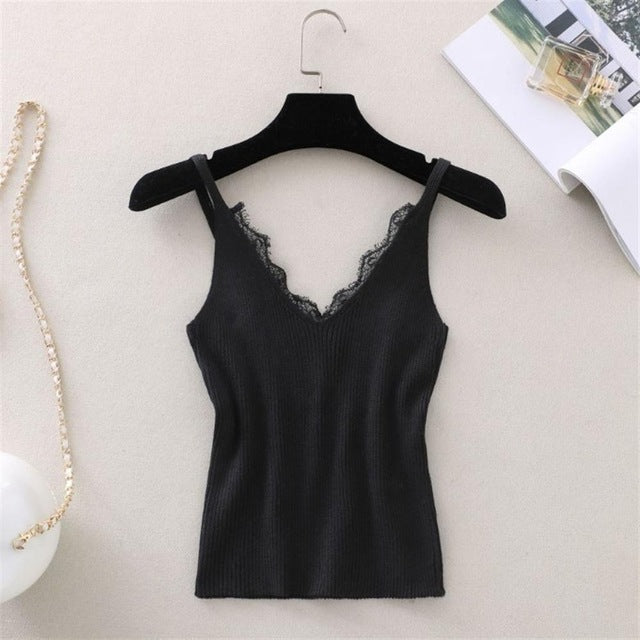 New Strap Top Women Halter V Neck Basic White Cami Sleeveless Lace Tank Tops Women'S Summer Camisole - foodandtravelers