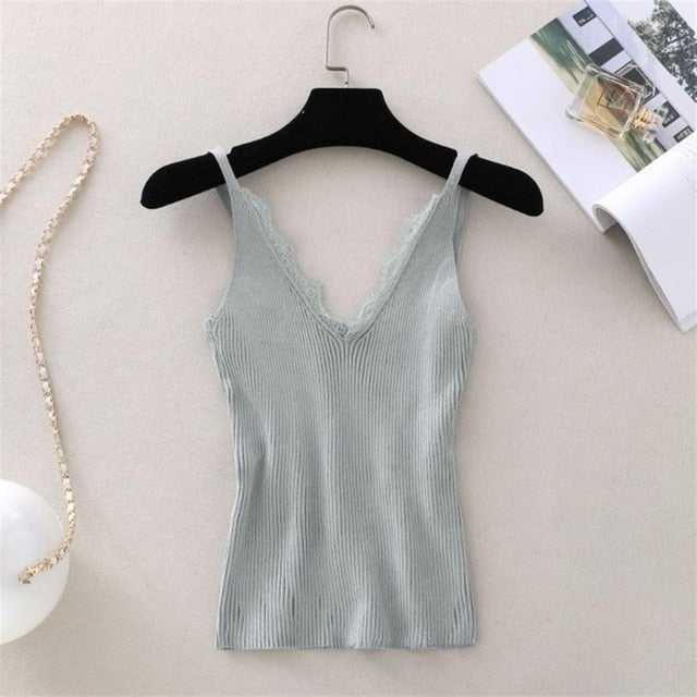 New Strap Top Women Halter V Neck Basic White Cami Sleeveless Lace Tank Tops Women'S Summer Camisole - foodandtravelers