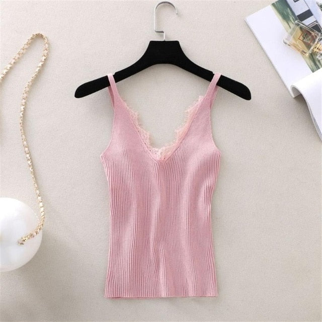 New Strap Top Women Halter V Neck Basic White Cami Sleeveless Lace Tank Tops Women'S Summer Camisole - foodandtravelers