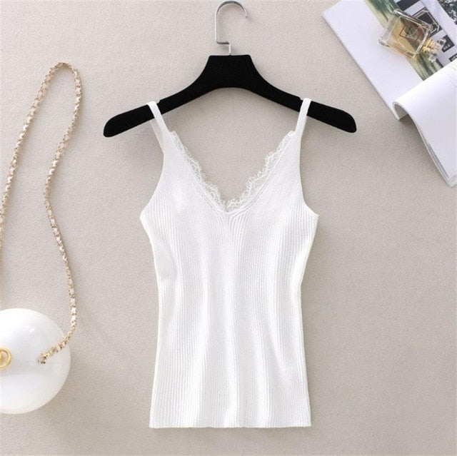 New Strap Top Women Halter V Neck Basic White Cami Sleeveless Lace Tank Tops Women'S Summer Camisole - foodandtravelers