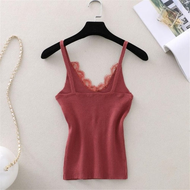 New Strap Top Women Halter V Neck Basic White Cami Sleeveless Lace Tank Tops Women'S Summer Camisole - foodandtravelers