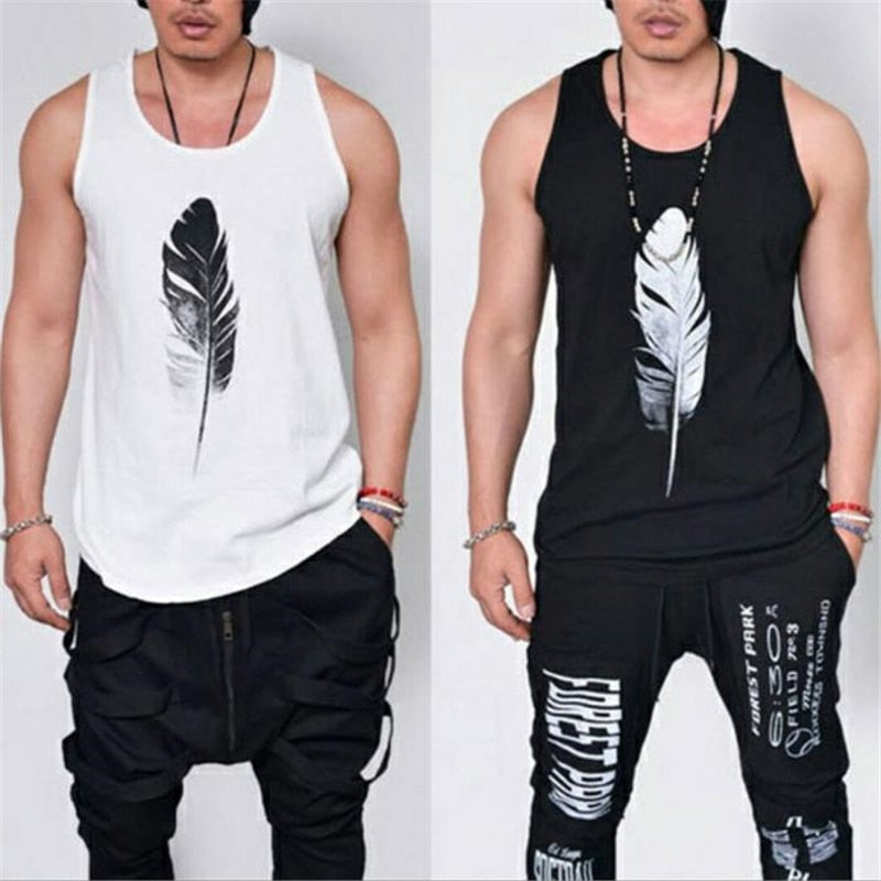 Fashion Men Sleeveless Tank Top  Casual Singlets Vest Feather Print Cotton Summer Tee Tops IK88 - foodandtravelers