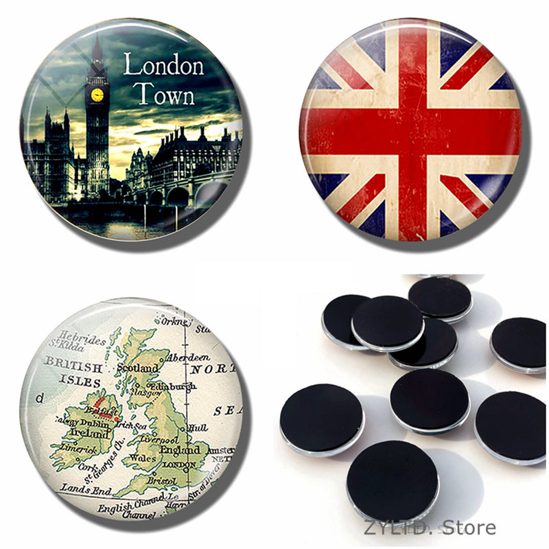 England Big Ben Fridge Magnet 1PCS Glass Cabochon British London Souvenir United Kingdom Flag Map Refrigerator Magnets Stickers - foodandtravelers