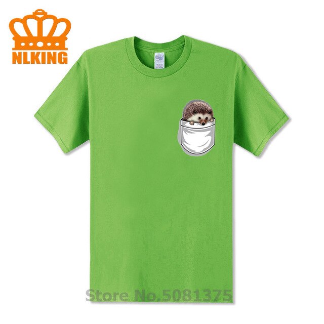 New Funny Hedgehog The Pocket Traveler Print T-Shirts Summer Male Tops Fashion Men T shirt Cute Fake Pocket In My Tees Boys Tops - foodandtravelers