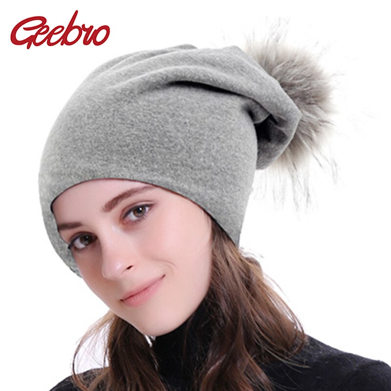 Geebro Warm Baggy Winter Beanie Men Women Skull Cap with 15cm Faux Fur Pom Soft Slouchy Female Pompom Hat for Outdoor Traveling - foodandtravelers