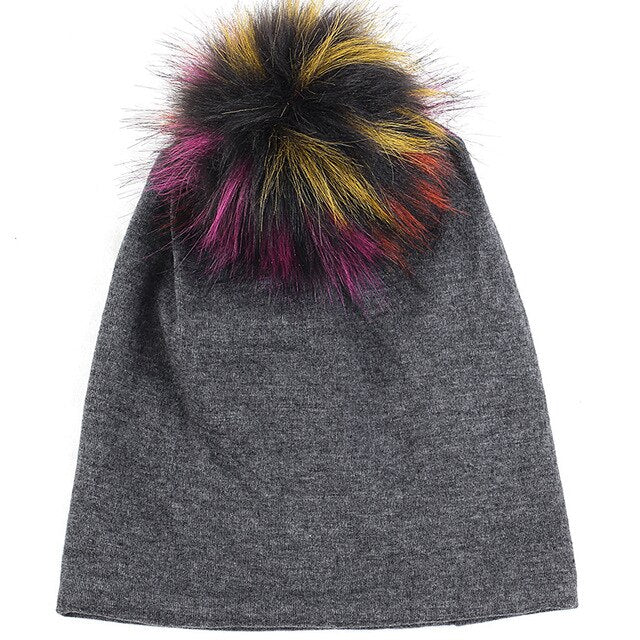 Geebro Warm Baggy Winter Beanie Men Women Skull Cap with 15cm Faux Fur Pom Soft Slouchy Female Pompom Hat for Outdoor Traveling - foodandtravelers