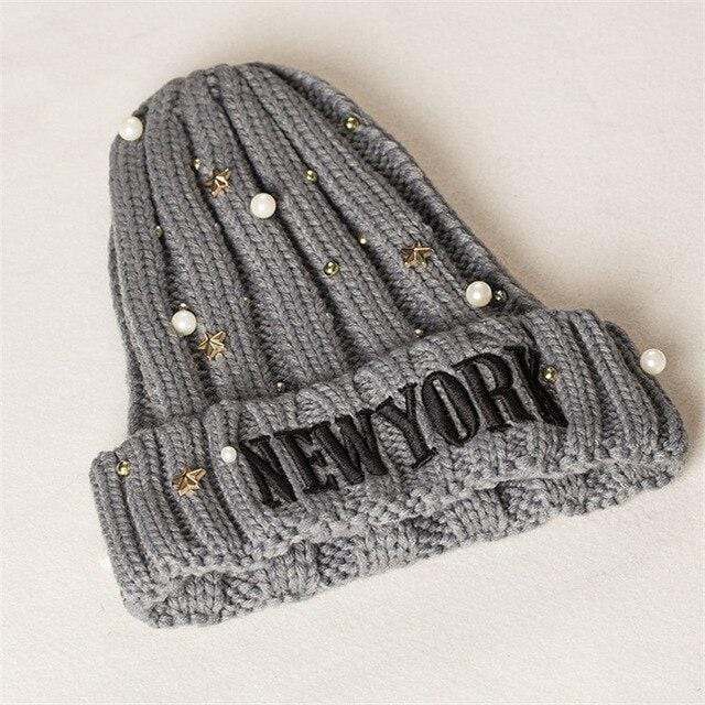 2019 New Winter Pointed Hats Women Letters Embroidered Pearl Stars Wool Beanies Hat Warm Travel Antifreeze Knitted Hat Cap - foodandtravelers