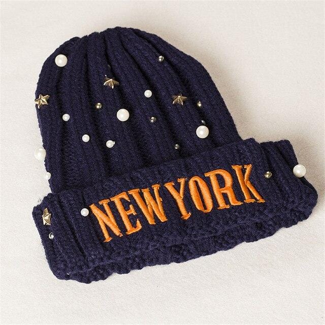 2019 New Winter Pointed Hats Women Letters Embroidered Pearl Stars Wool Beanies Hat Warm Travel Antifreeze Knitted Hat Cap - foodandtravelers