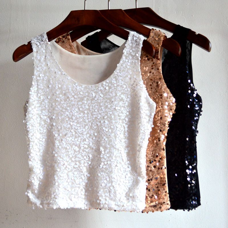 Limited New Arrival Oodji Top Cropped Feminino Free Shipping 2019 Style Solid Sequined Vest Sleeveless Slim Stretch - foodandtravelers