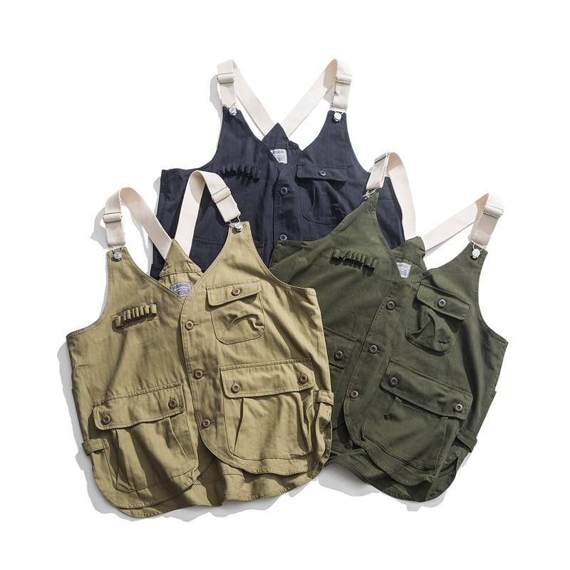 2019 Summer New Fashion Harajuku Couple Loose Japanese Tooling Washed Multi-pocket Strap Solid Color American Retro Vest - foodandtravelers