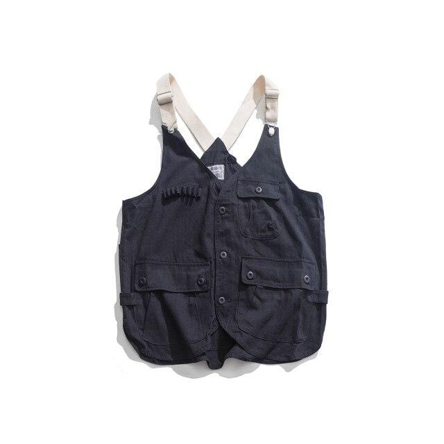 2019 Summer New Fashion Harajuku Couple Loose Japanese Tooling Washed Multi-pocket Strap Solid Color American Retro Vest - foodandtravelers