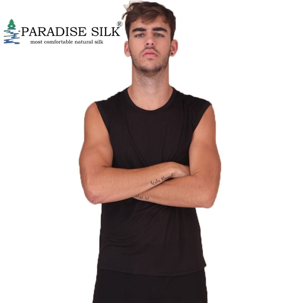 Mens Tank Top 100% Pure Silk Knit Wide Shoulder O-Neck Tank Top Vest Solid Size L XL XXL - foodandtravelers