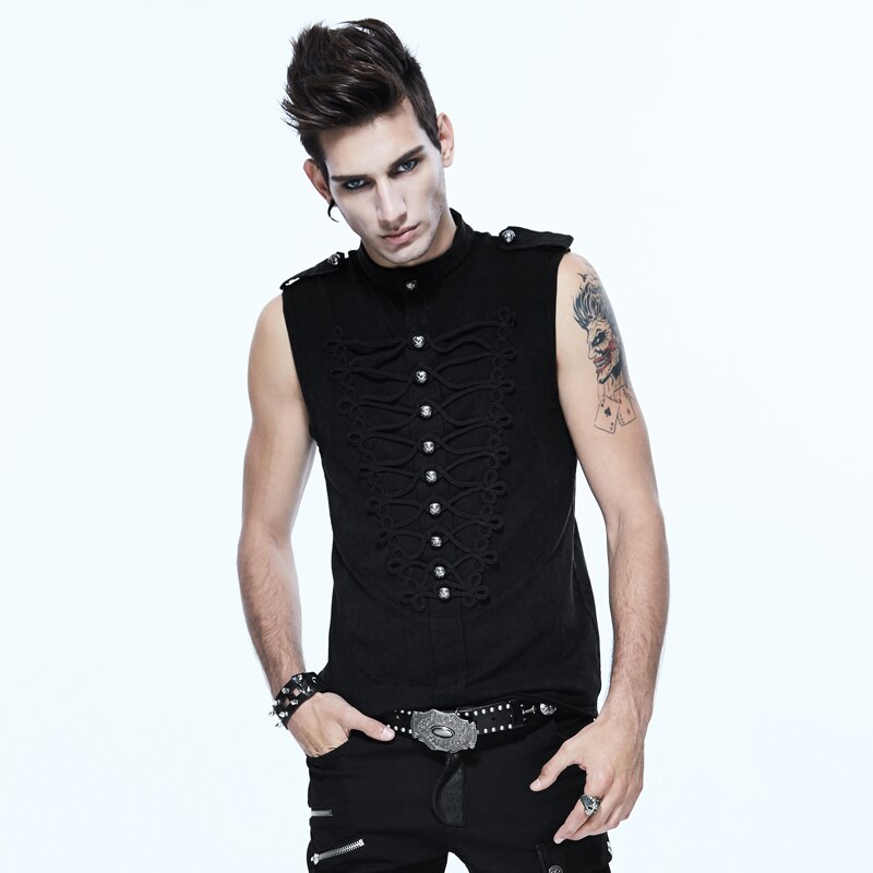 Steampunk Men's Black Sleeveless O-Neck Single Breasted Men Vest Summer Tops Shirts