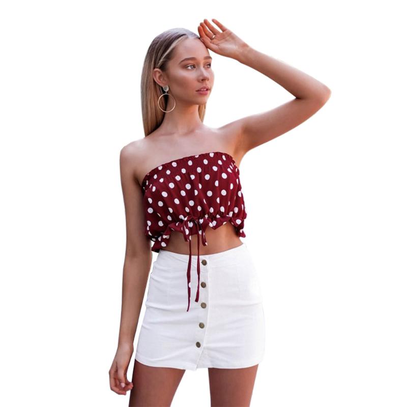 Drawstring Women Girls Wove Dot Strapless Sleeveless Travel Beach Wear Tube Tops Female Stretch Crop Top Vacation Seaside Cloth - foodandtravelers