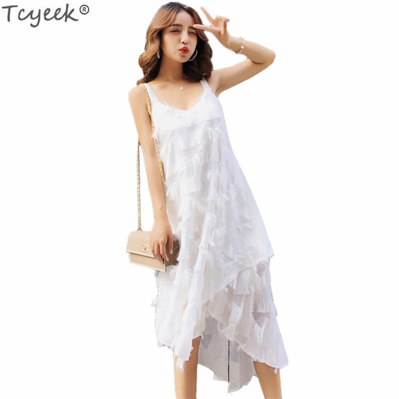 Tcyeek Women's Summer Beach Dress 2019 Fashion White Boho Travel Dresses Elegant Female Office Long Vestidos Tunic Cloth LWL277