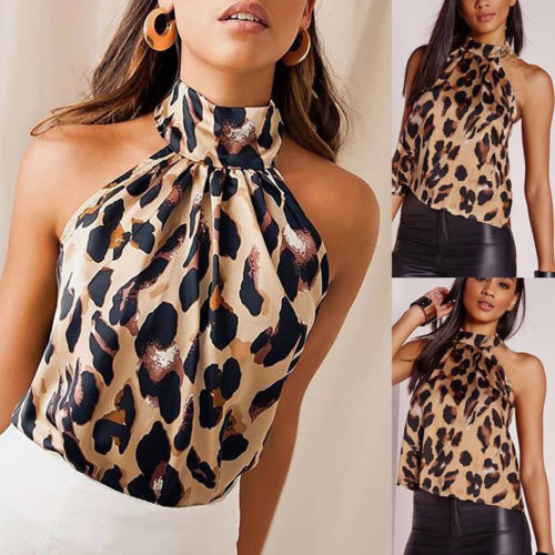 Hirigin Womens Sexy Leopard Print Halter Neck Sleeveless Button Cami Vest Evening Party Tops - foodandtravelers