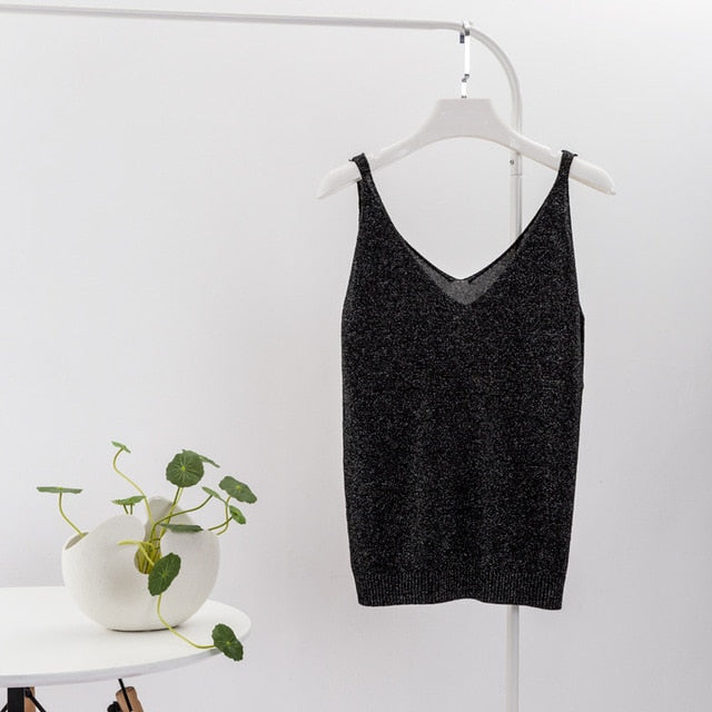 Crop Tops Women 2018 Sexy Knitted Tank Top Gold Thread Top Vest Summer Camisole Women White Tank Top Fitness Femme Camis T Shirt - foodandtravelers