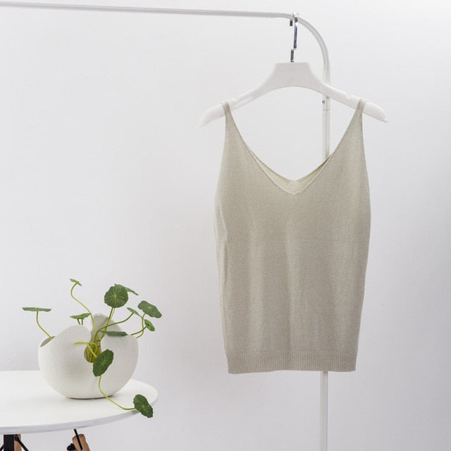 Crop Tops Women 2018 Sexy Knitted Tank Top Gold Thread Top Vest Summer Camisole Women White Tank Top Fitness Femme Camis T Shirt - foodandtravelers