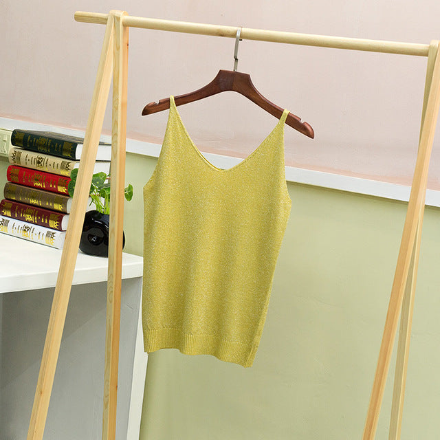 Crop Tops Women 2018 Sexy Knitted Tank Top Gold Thread Top Vest Summer Camisole Women White Tank Top Fitness Femme Camis T Shirt - foodandtravelers