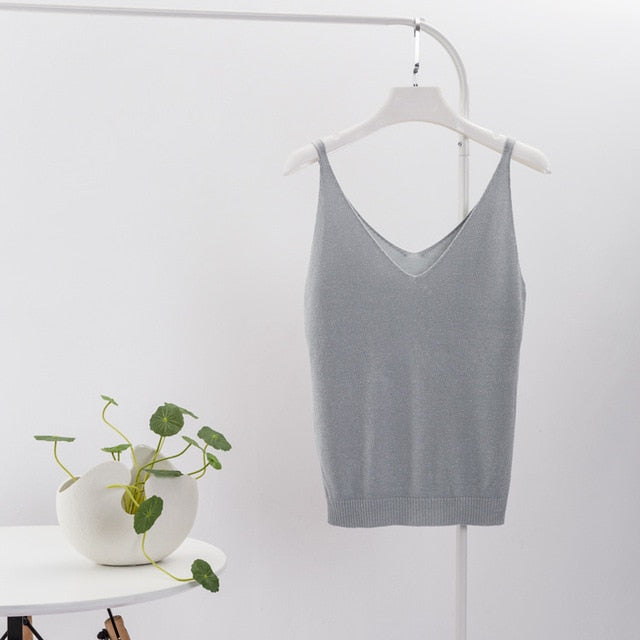 Crop Tops Women 2018 Sexy Knitted Tank Top Gold Thread Top Vest Summer Camisole Women White Tank Top Fitness Femme Camis T Shirt - foodandtravelers