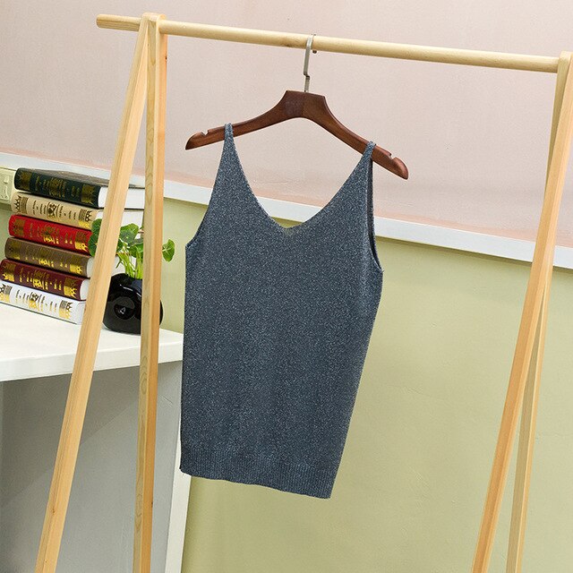 Crop Tops Women 2018 Sexy Knitted Tank Top Gold Thread Top Vest Summer Camisole Women White Tank Top Fitness Femme Camis T Shirt - foodandtravelers