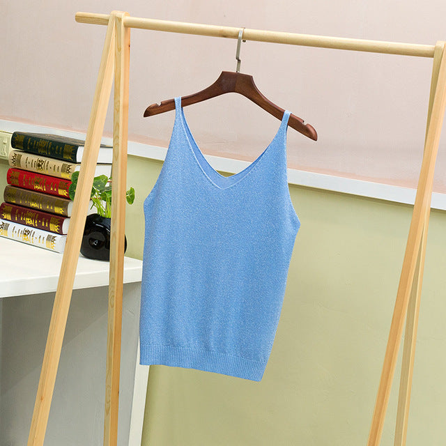 Crop Tops Women 2018 Sexy Knitted Tank Top Gold Thread Top Vest Summer Camisole Women White Tank Top Fitness Femme Camis T Shirt - foodandtravelers