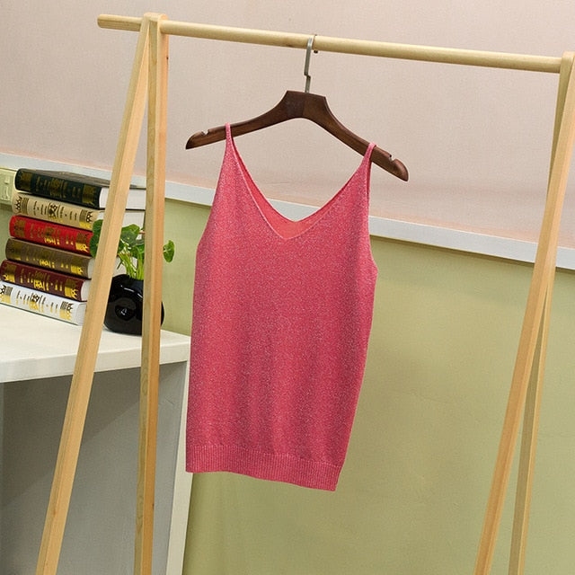 Crop Tops Women 2018 Sexy Knitted Tank Top Gold Thread Top Vest Summer Camisole Women White Tank Top Fitness Femme Camis T Shirt - foodandtravelers