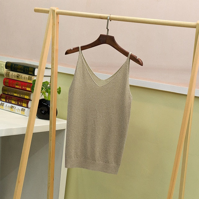 Crop Tops Women 2018 Sexy Knitted Tank Top Gold Thread Top Vest Summer Camisole Women White Tank Top Fitness Femme Camis T Shirt - foodandtravelers