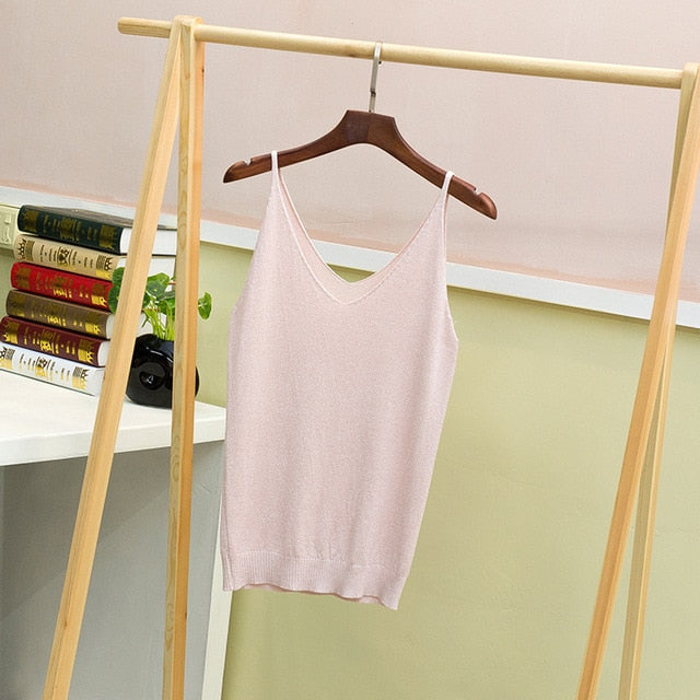 Crop Tops Women 2018 Sexy Knitted Tank Top Gold Thread Top Vest Summer Camisole Women White Tank Top Fitness Femme Camis T Shirt - foodandtravelers