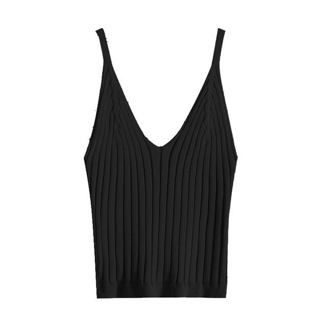 Women Sexy Knitted Crop Top Crop Sleeveless Cropped Vest Slim Sling Knitted Tank Top V-neck Plain Camisole High Elastic Camis