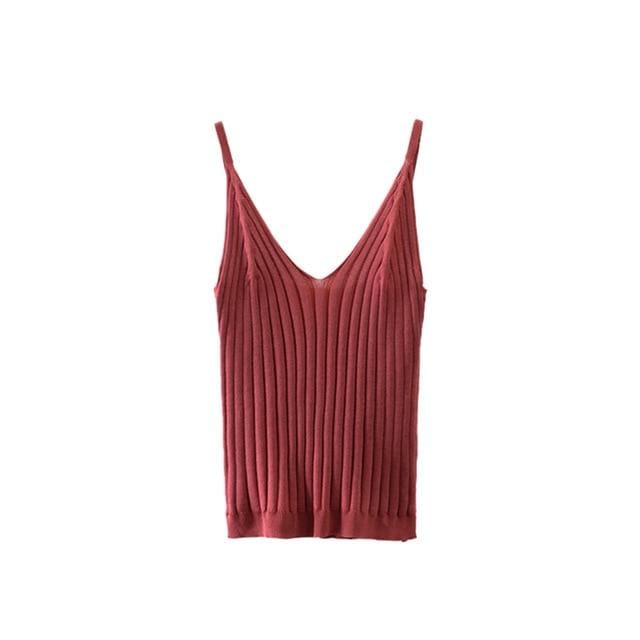 Women Sexy Knitted Crop Top Crop Sleeveless Cropped Vest Slim Sling Knitted Tank Top V-neck Plain Camisole High Elastic Camis